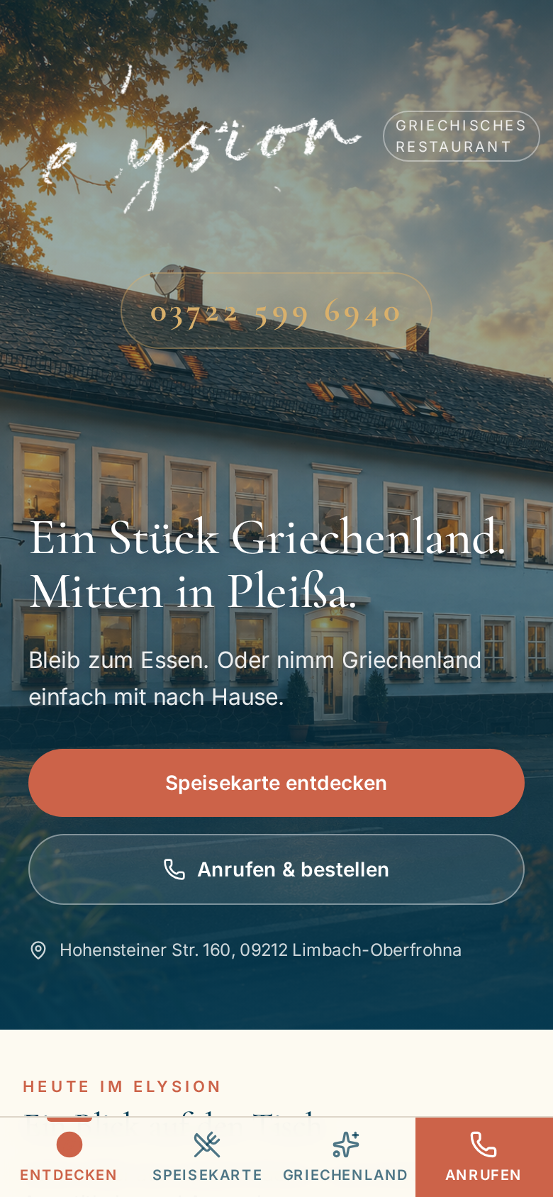 ELYSION Bestellsystem – Startseite auf dem Smartphone